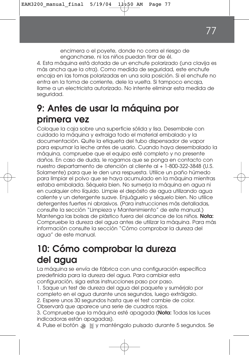 Antes de usar la máquina por primera vez, Cómo comprobar la dureza del agua | DeLonghi EAM3200 User Manual | Page 77 / 136