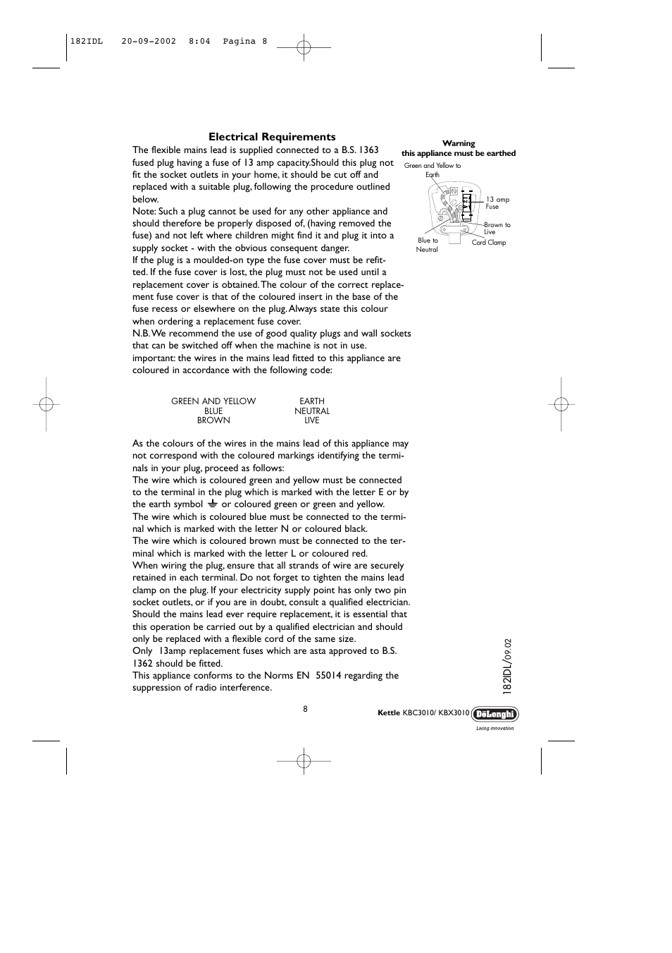 Electrical requirements | DeLonghi KBC3010 User Manual | Page 8 / 8