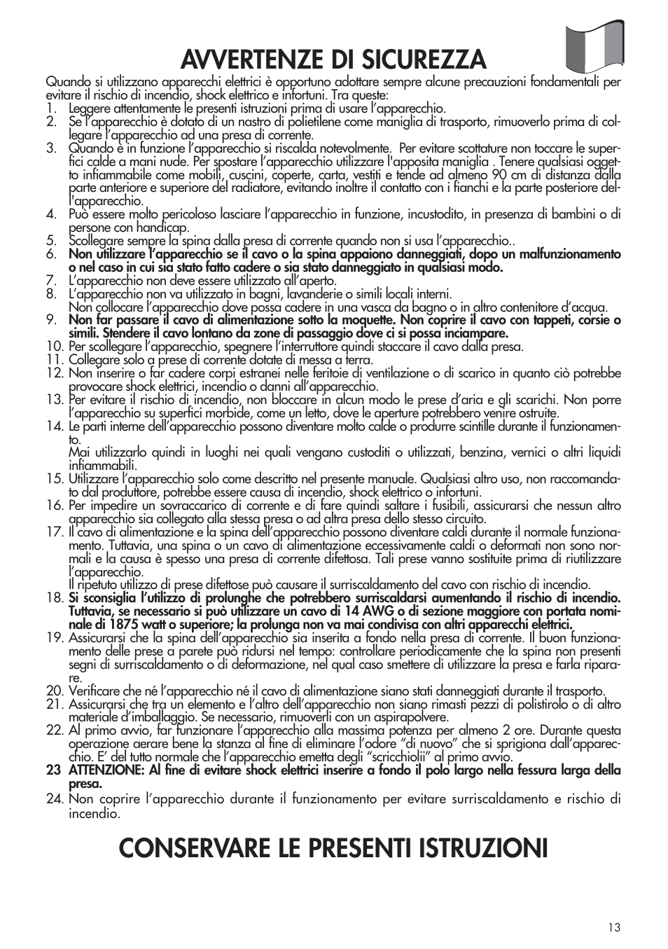 Avvertenze di sicurezza, Conservare le presenti istruzioni | DeLonghi DCH1030 User Manual | Page 13 / 16