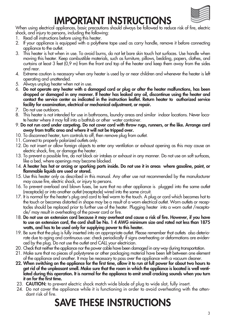 Important instructions, Save these instructions | DeLonghi DCH1030 User Manual | Page 3 / 16