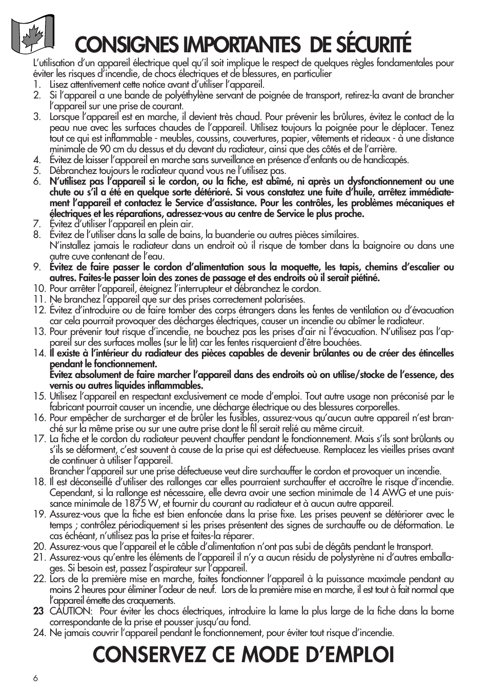 Consignes importantes de sécurité, Conservez ce mode d’emploi | DeLonghi DCH1030 User Manual | Page 6 / 16