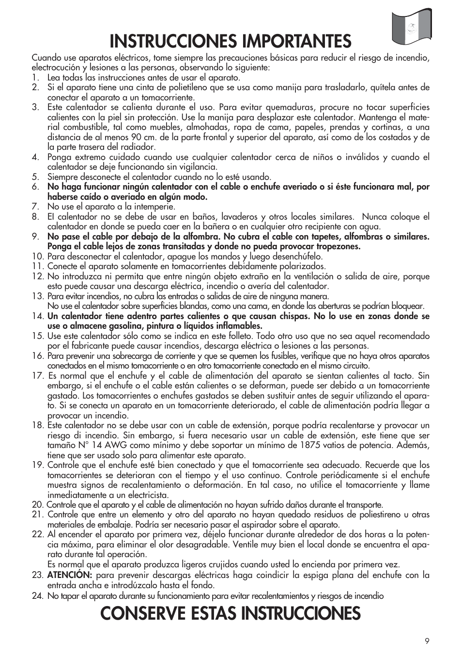 Instrucciones importantes, Conserve estas instrucciones | DeLonghi DCH1030 User Manual | Page 9 / 16