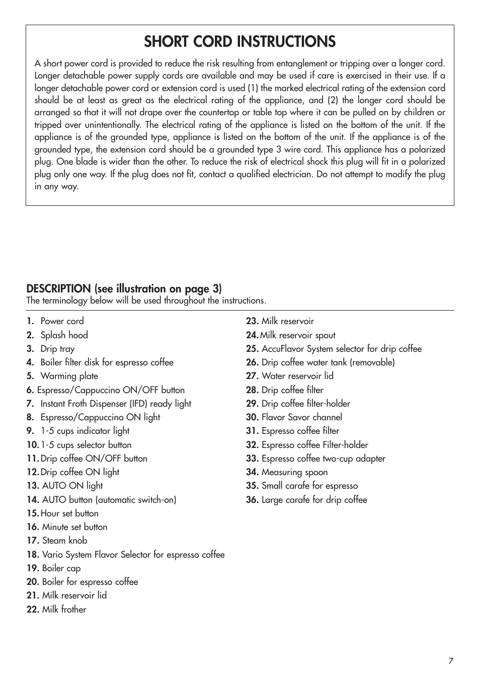 Short cord instructions, Description (see illustration on page 3) | DeLonghi BCO130T User Manual | Page 6 / 13