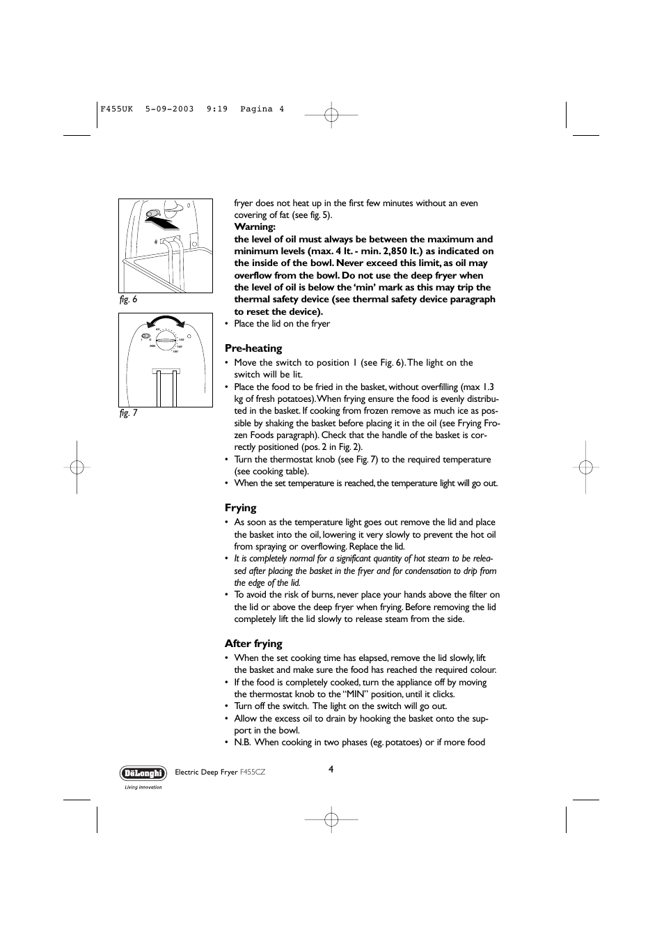 Pre-heating, Frying, After frying | DeLonghi F455 CZ User Manual | Page 4 / 12