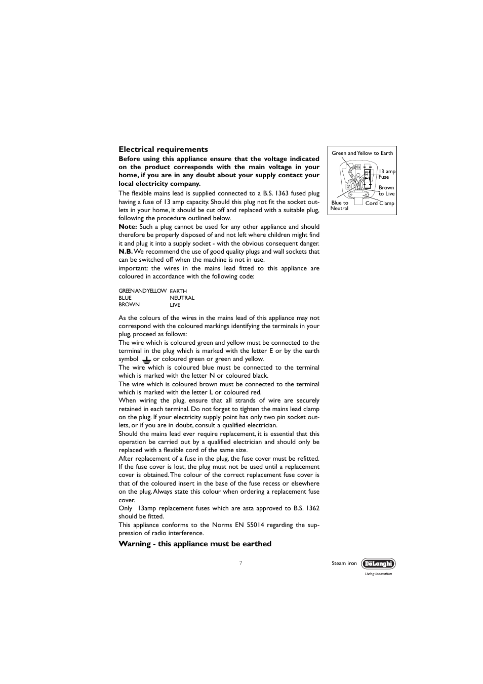Electrical requirements, Warning - this appliance must be earthed | DeLonghi FHX3 User Manual | Page 7 / 8