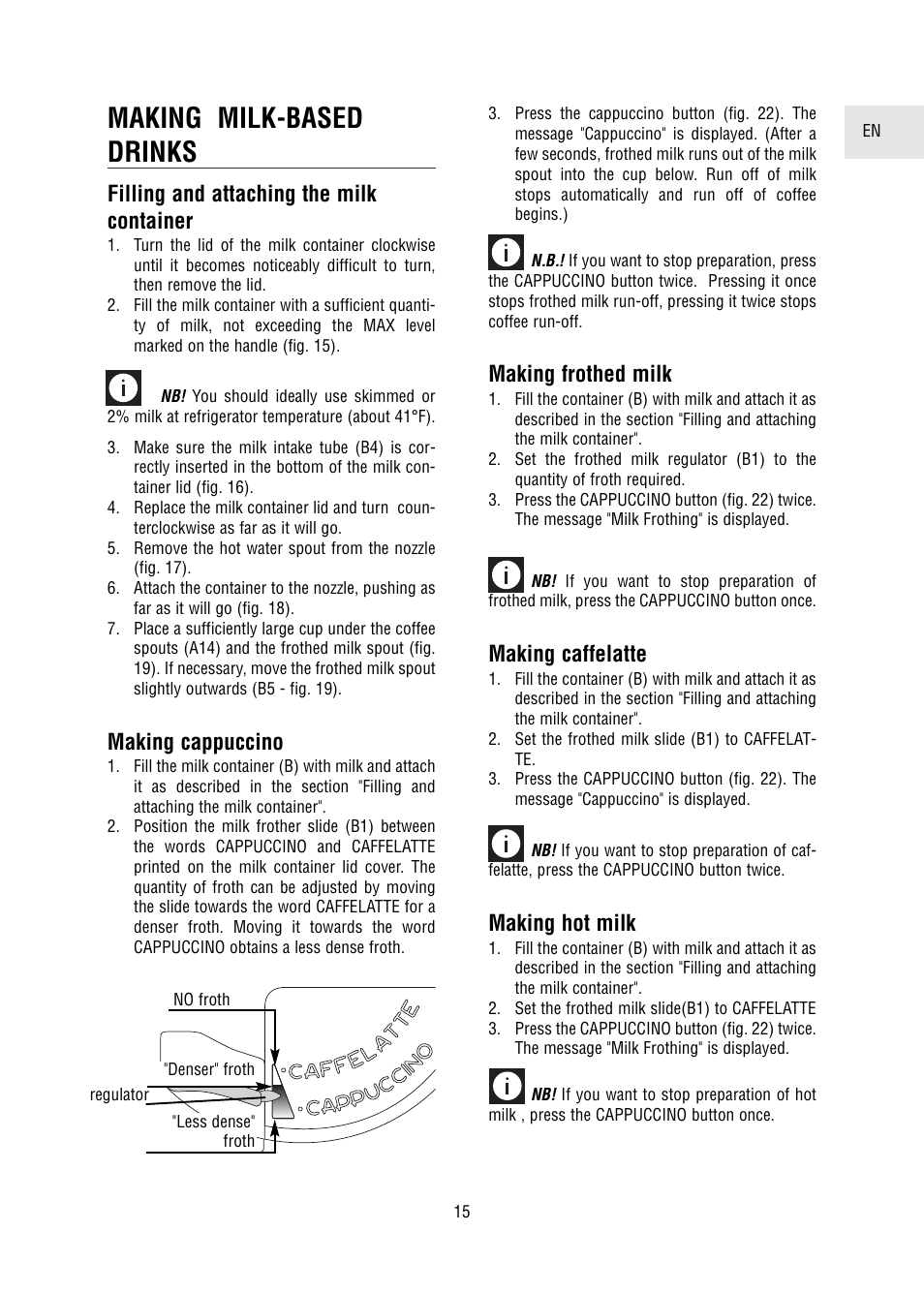 Making milk-based drinks, Filling and attaching the milk container, Making cappuccino | Making frothed milk, Making caffelatte, Making hot milk | DeLonghi 5500 User Manual | Page 15 / 26