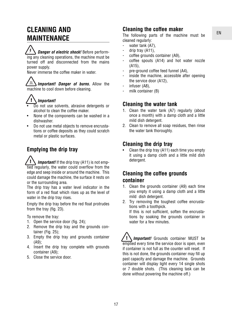 Cleaning and maintenance, Emptying the drip tray, Cleaning the coffee maker | Cleaning the water tank, Cleaning the drip tray, Cleaning the coffee grounds container | DeLonghi 5500 User Manual | Page 17 / 26