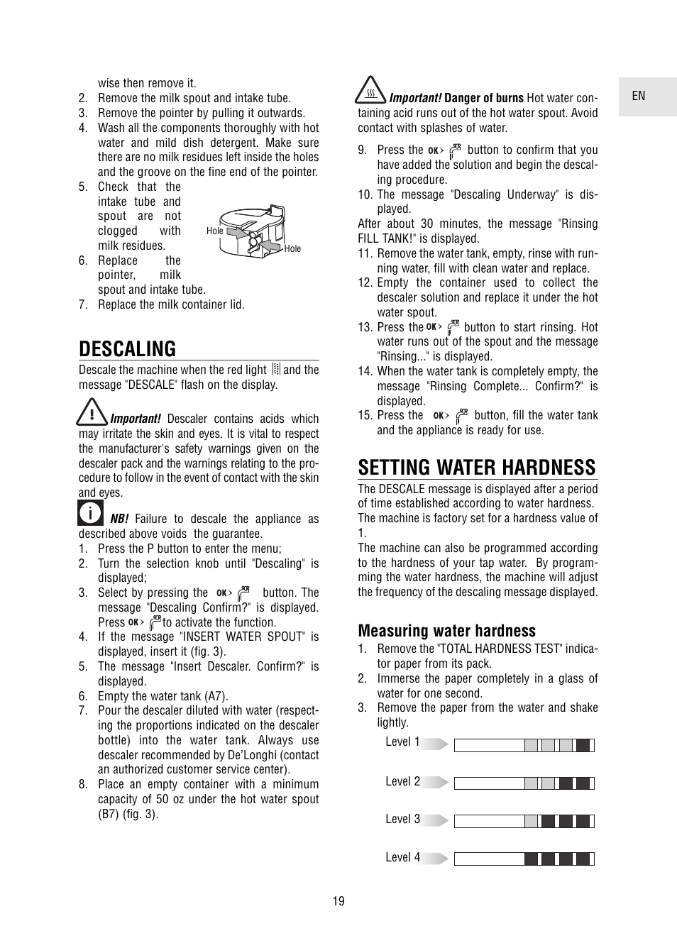 Descaling, Setting water hardness, Measuring water hardness | DeLonghi 5500 User Manual | Page 19 / 26