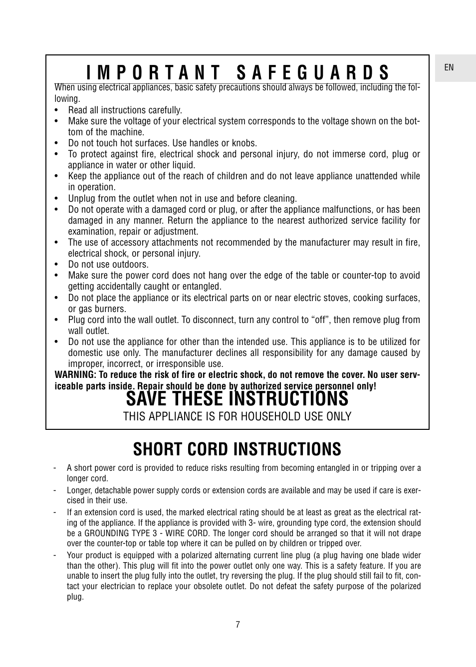Save these instructions, Short cord instructions | DeLonghi 5500 User Manual | Page 7 / 26