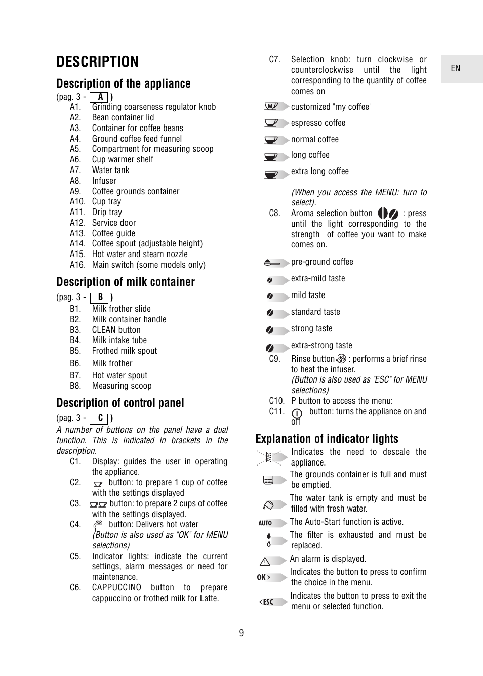 Description, Description of the appliance, Description of milk container | Description of control panel, Explanation of indicator lights | DeLonghi 5500 User Manual | Page 9 / 26