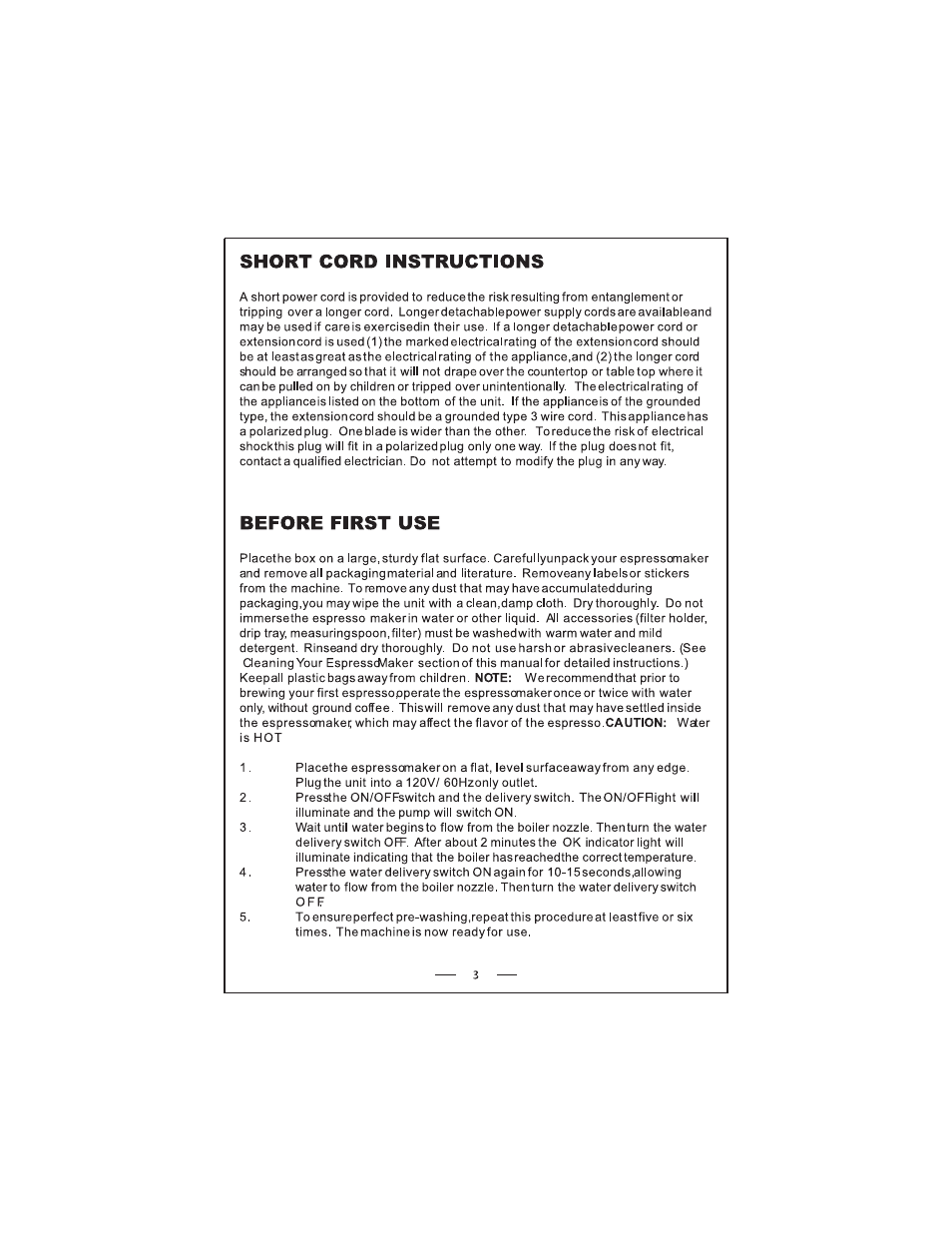 Short cord instructions, Before first use | DeLonghi EC 140 Series User Manual | Page 3 / 12