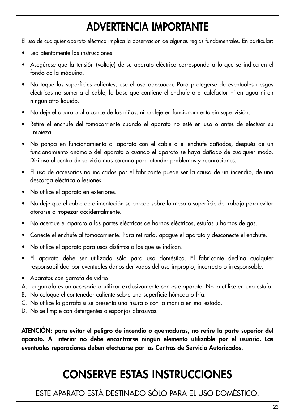 Advertencia importante, Conserve estas instrucciones | DeLonghi BCO120T User Manual | Page 14 / 41