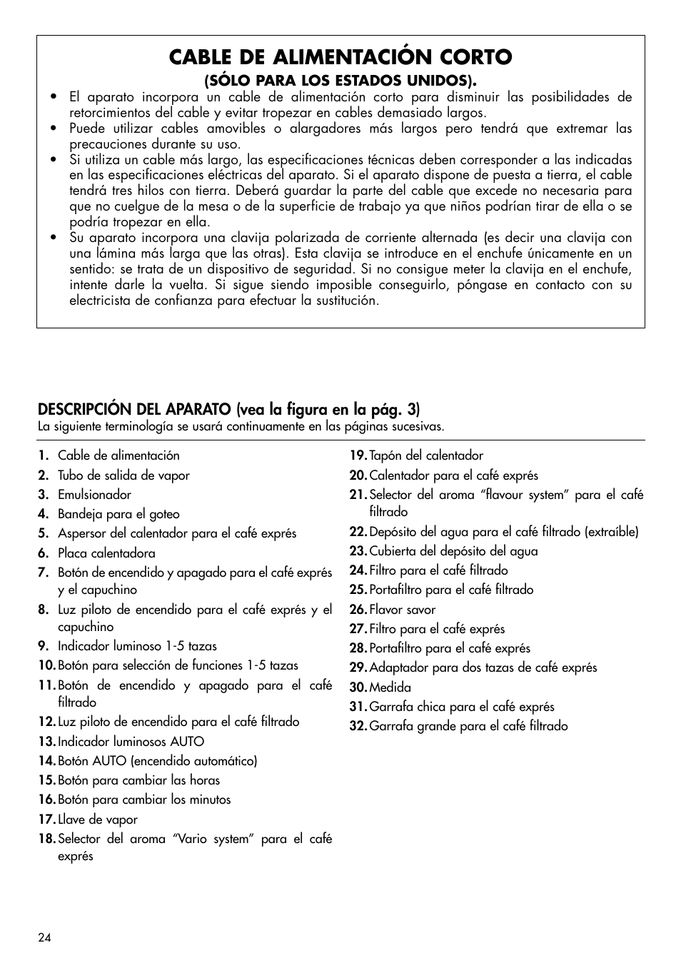 Cable de alimentación corto | DeLonghi BCO120T User Manual | Page 15 / 41