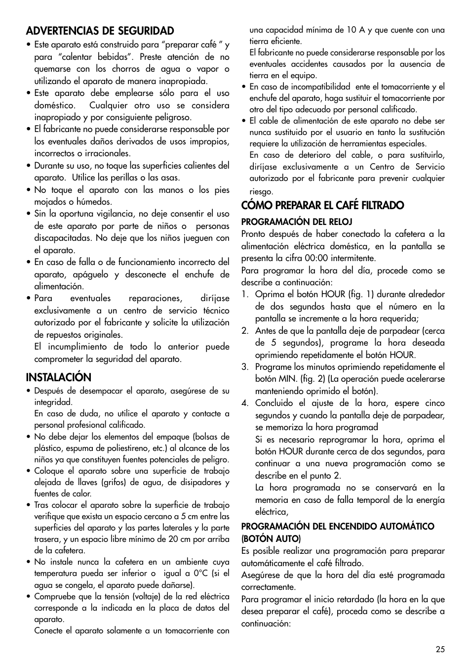 Advertencias de seguridad, Instalación, Cómo preparar el café filtrado | DeLonghi BCO120T User Manual | Page 16 / 41