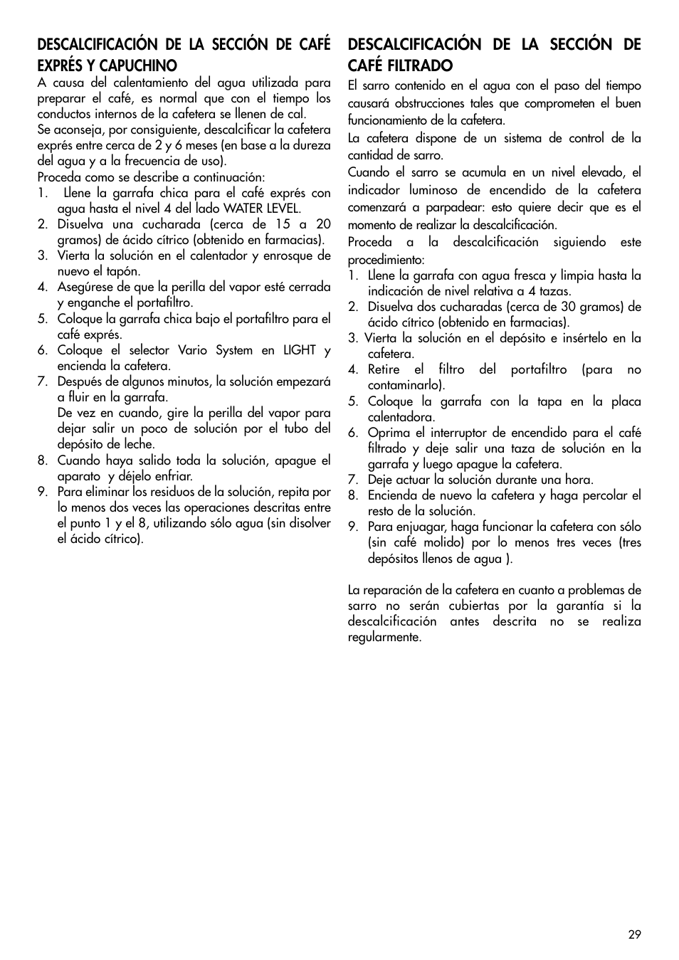 Descalcificación de la sección de café filtrado | DeLonghi BCO120T User Manual | Page 20 / 41