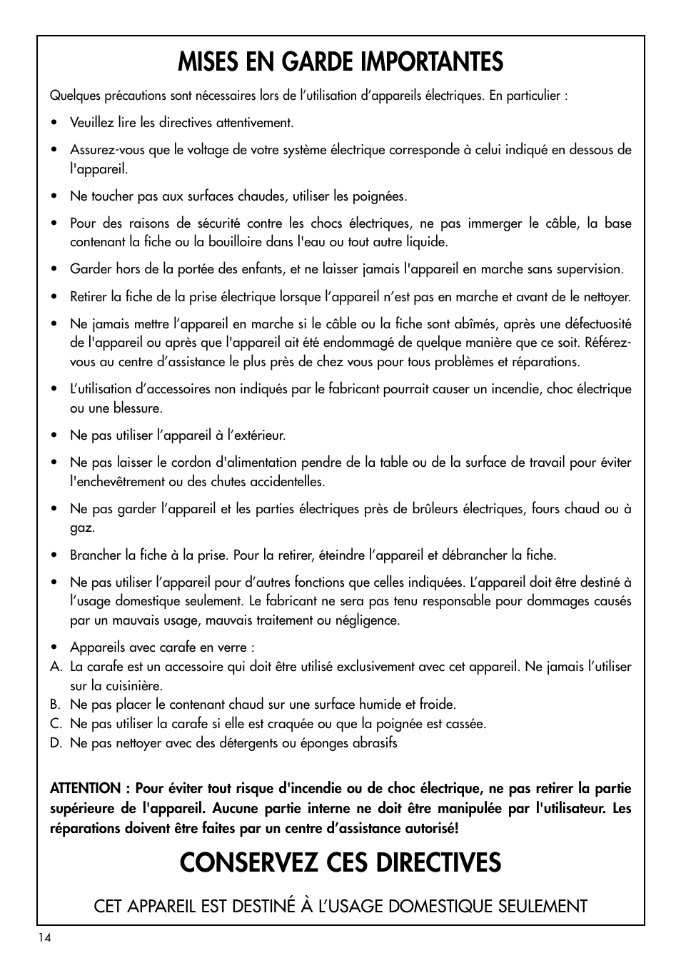 Mises en garde importantes, Conservez ces directives | DeLonghi BCO120T User Manual | Page 24 / 41