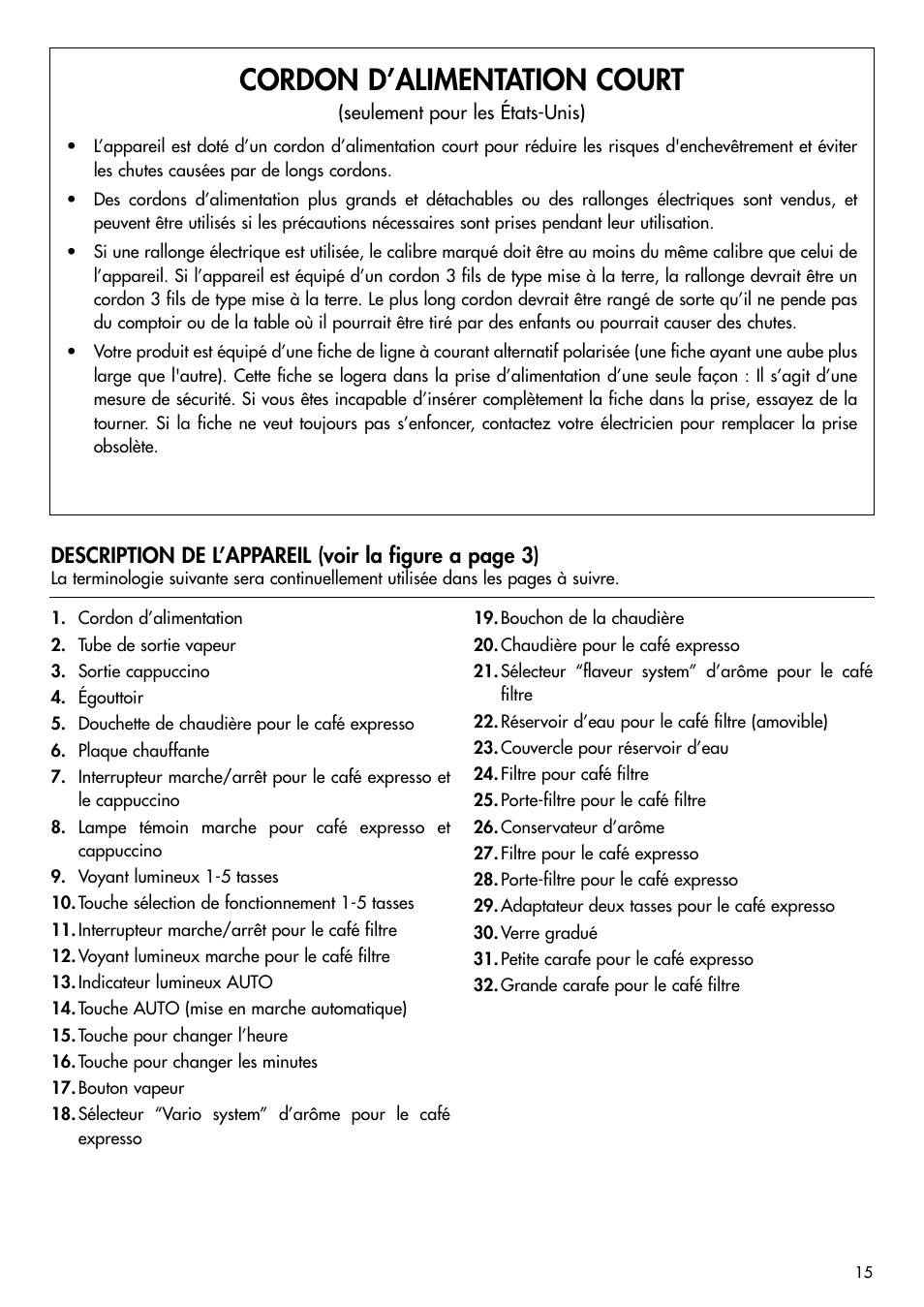 Cordon d’alimentation court | DeLonghi BCO120T User Manual | Page 25 / 41