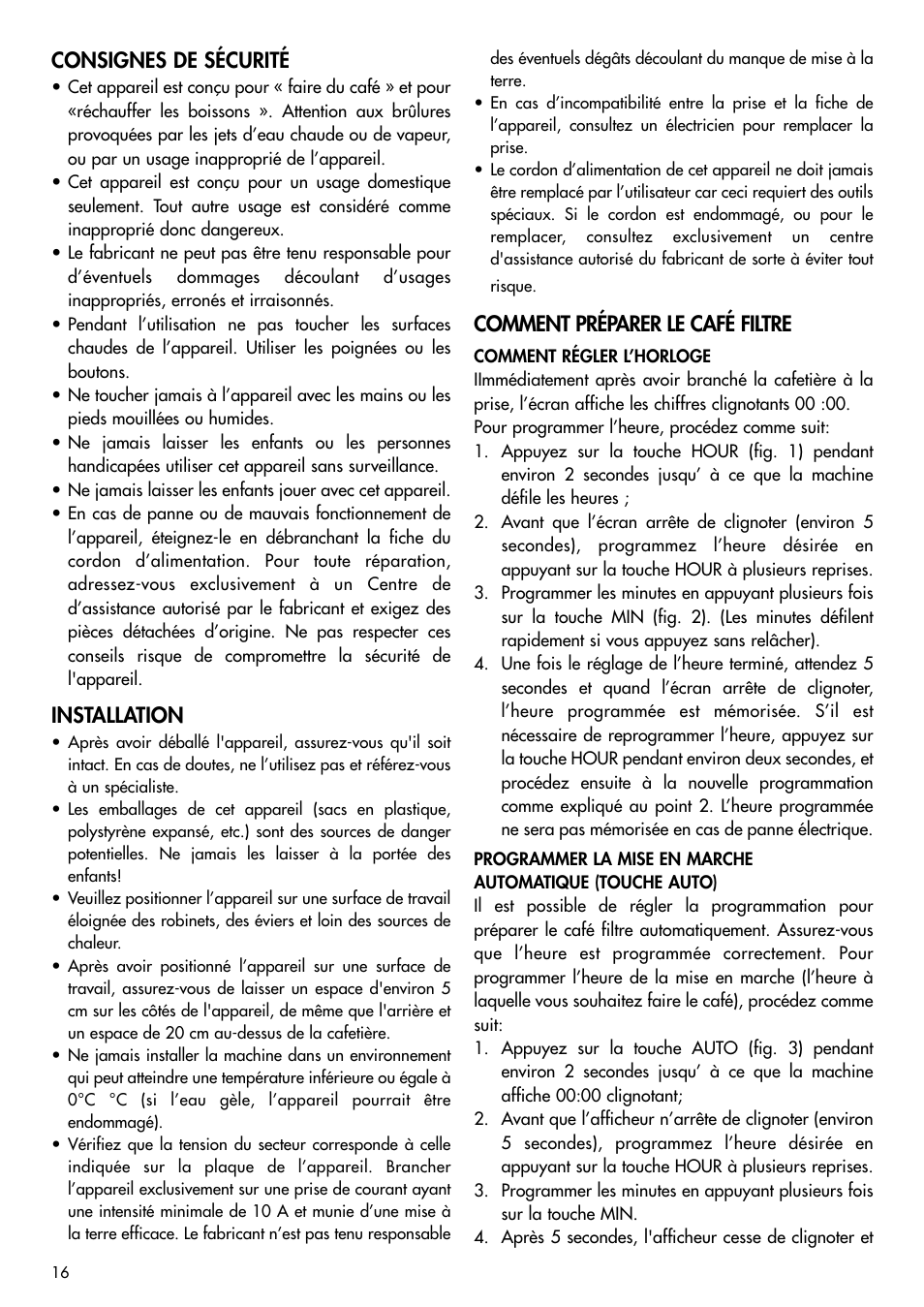 Consignes de sécurité, Installation, Comment préparer le café filtre | DeLonghi BCO120T User Manual | Page 26 / 41