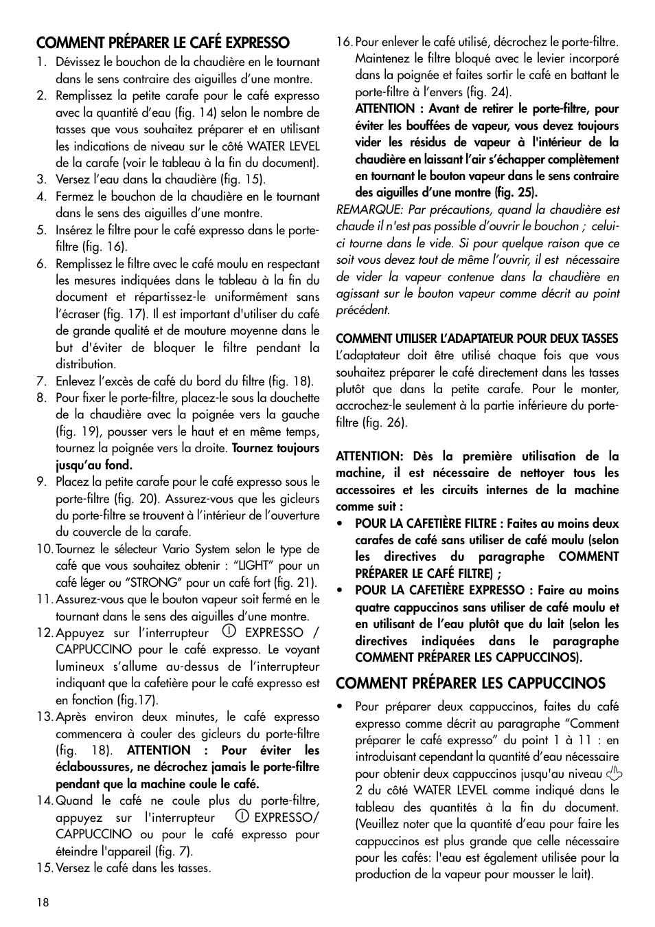 Comment préparer le café expresso, Comment préparer les cappuccinos | DeLonghi BCO120T User Manual | Page 28 / 41