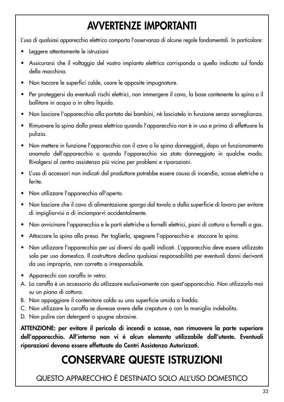 Avvertenze importanti, Conservare queste istruzioni | DeLonghi BCO120T User Manual | Page 33 / 41