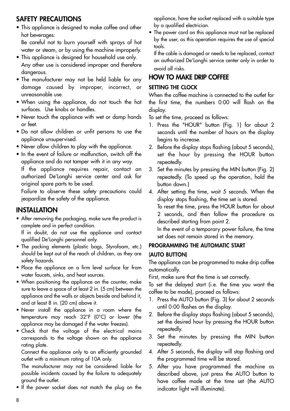 Safety precautions, Installation, How to make drip coffee | DeLonghi BCO120T User Manual | Page 8 / 41