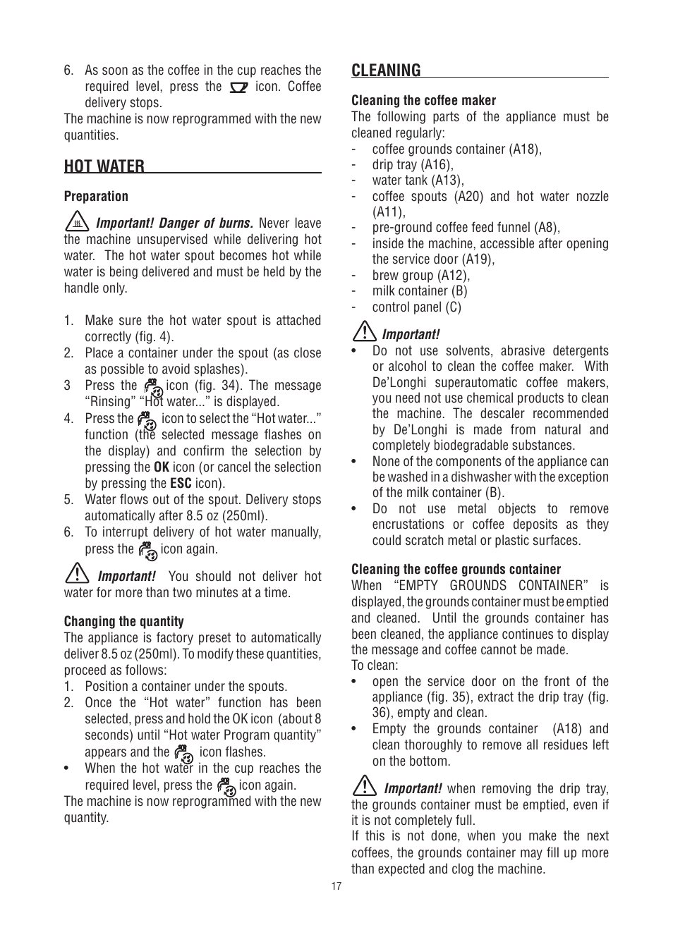 Hot water, Cleaning | DeLonghi Fully Automatic Coffee Center Machine ESAM6700 User Manual | Page 18 / 25