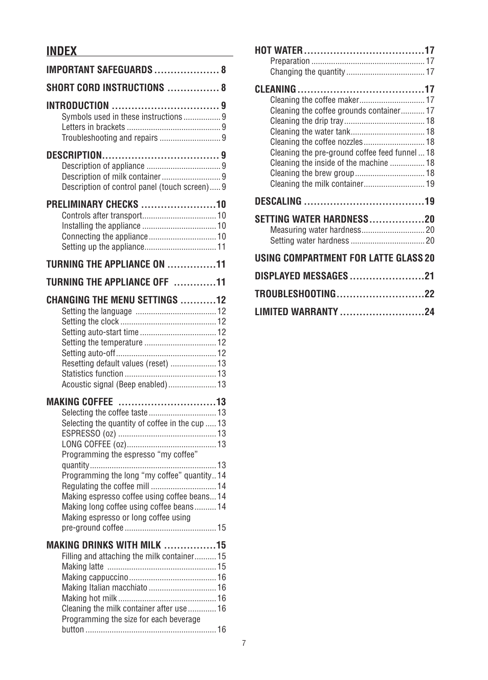Index | DeLonghi Fully Automatic Coffee Center Machine ESAM6700 User Manual | Page 8 / 25