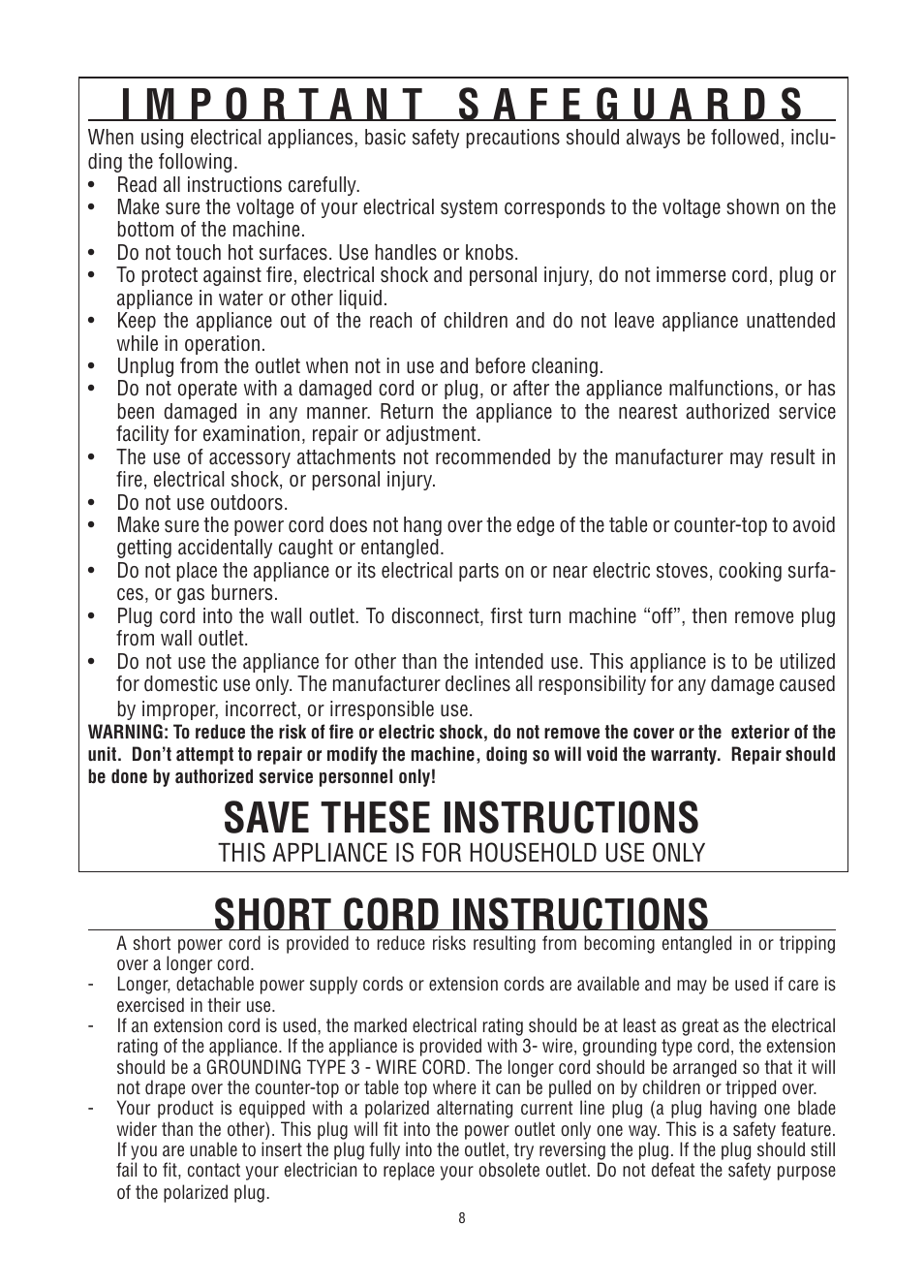 Save these instructions, Short cord instructions | DeLonghi Fully Automatic Coffee Center Machine ESAM6700 User Manual | Page 9 / 25