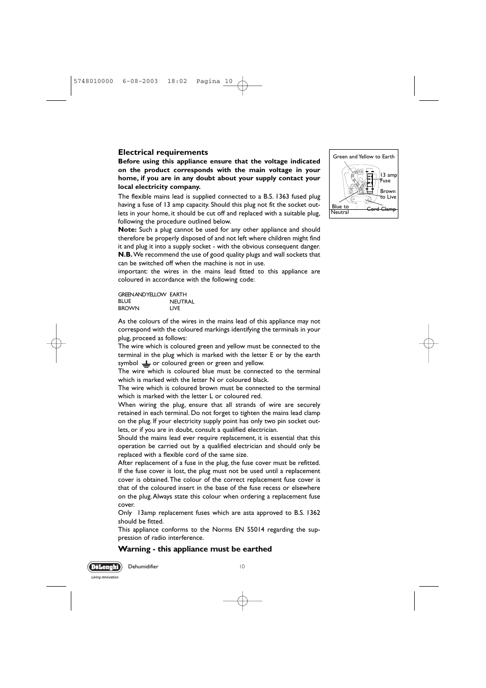 Electrical requirements, Warning - this appliance must be earthed | DeLonghi DEC 21 User Manual | Page 10 / 12