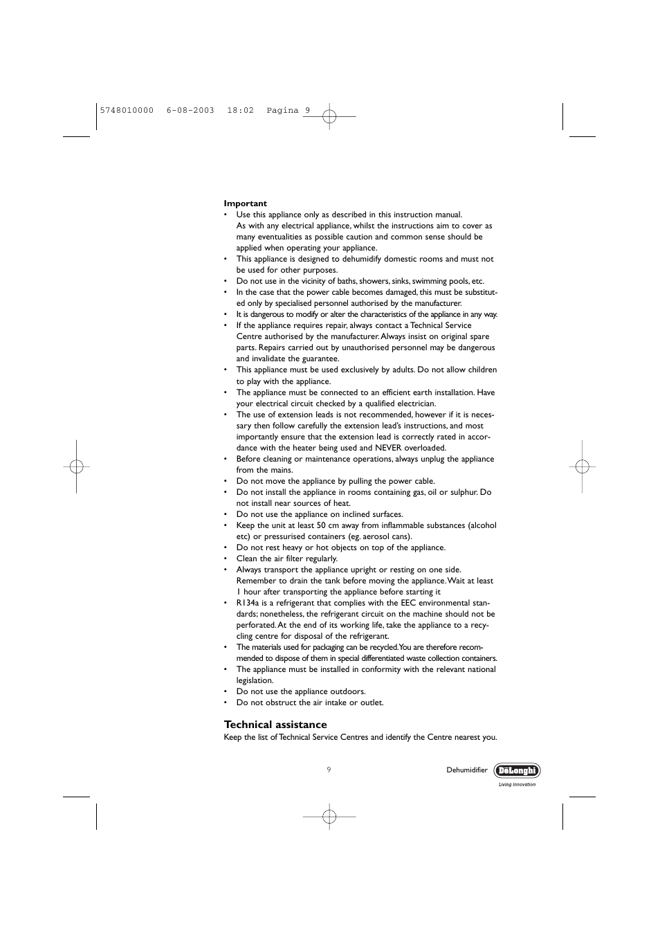 Technical assistance | DeLonghi DEC 21 User Manual | Page 9 / 12