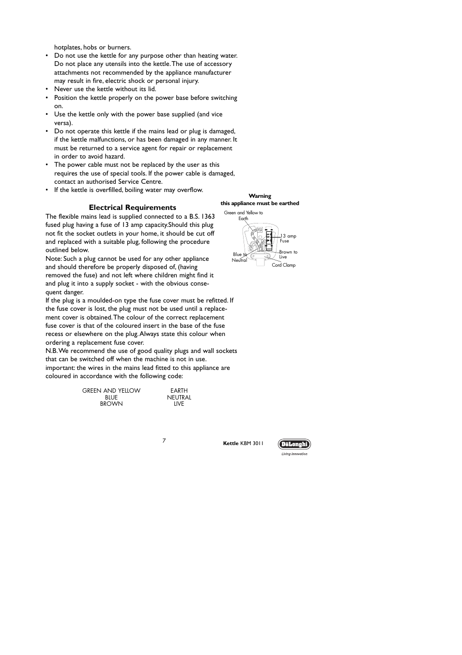 Electrical requirements | DeLonghi KBM3011 User Manual | Page 7 / 9