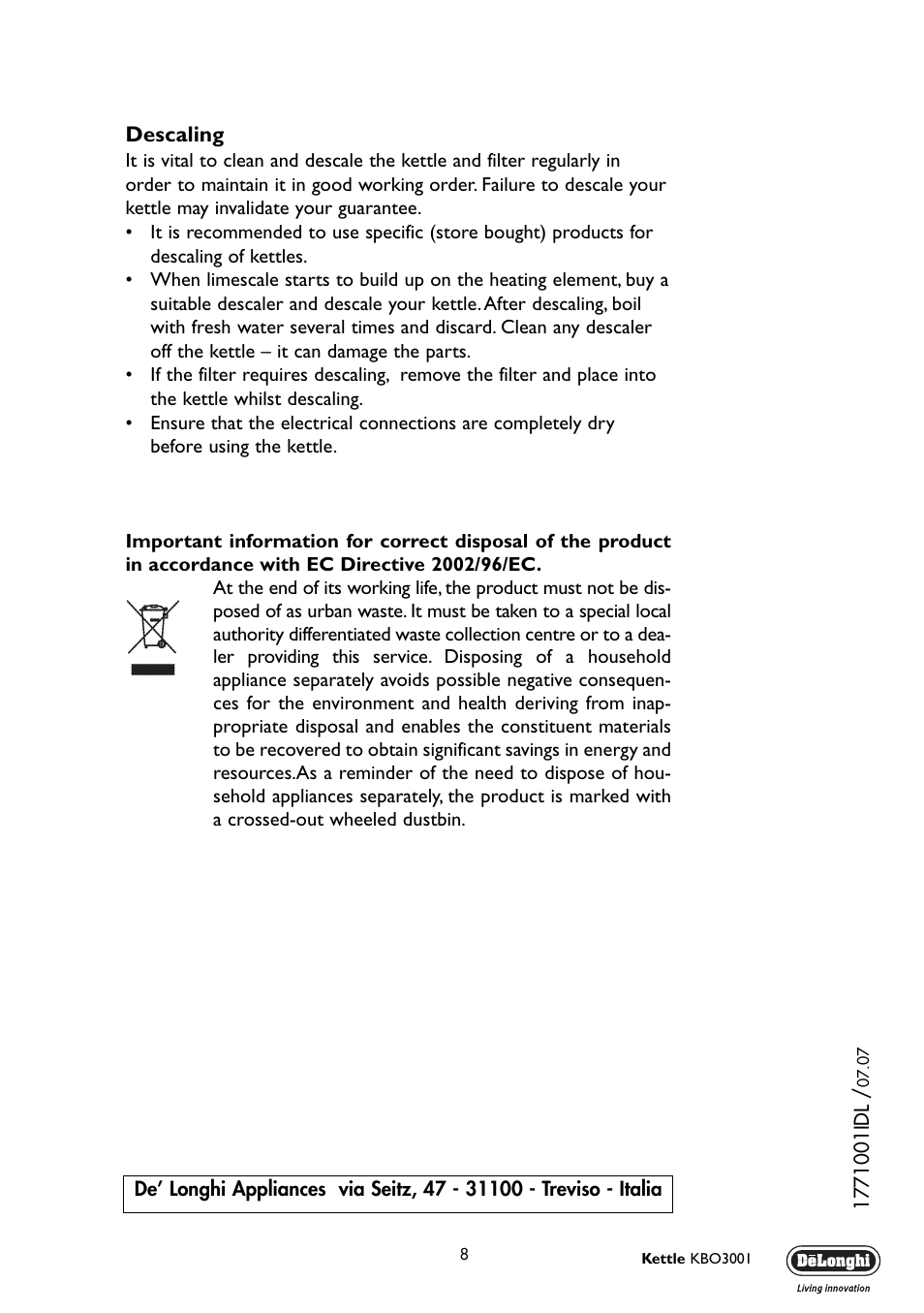 Descaling | DeLonghi KBO3001 User Manual | Page 8 / 8