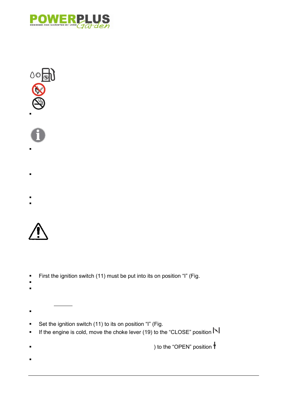 Assembly, Fuel, Handle adjustment | Operation, Starting / stopping, Starting | Powerplus POW6128 HEDGE TRIMMER 22.5CC 600MM EN User Manual | Page 8 / 15
