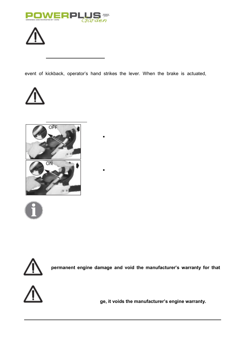 Chain brake mechanical test, To test chain brake, Fuel and lubrication | Fuel, Mixing fuel | Powerplus POW64115 CHAINSAW 37.2CC 406MM EN User Manual | Page 11 / 29