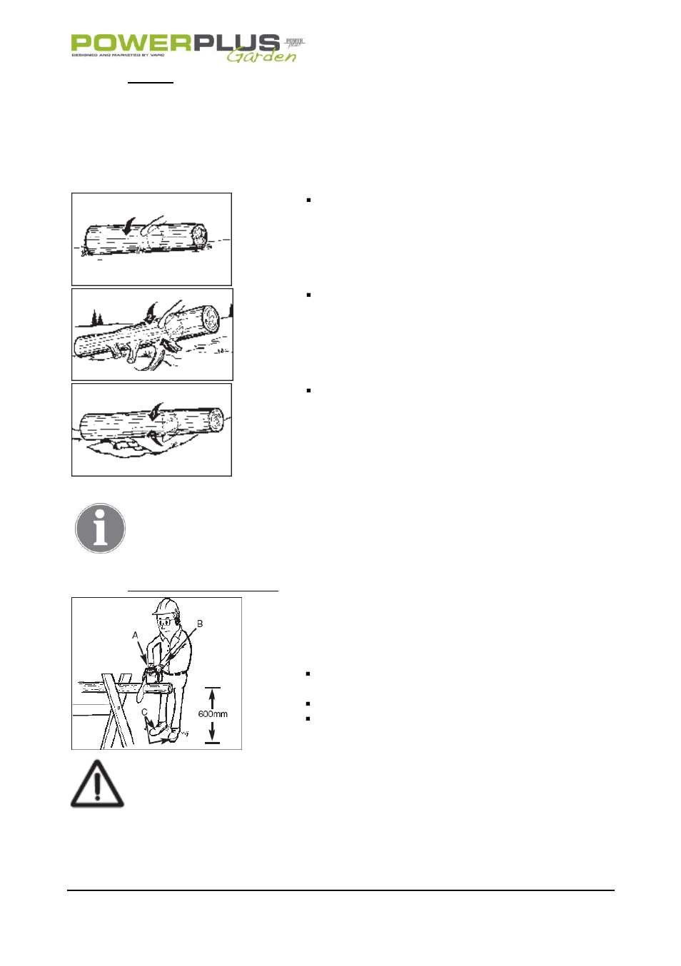 Bucking, Bucking using a sawhorse | Powerplus POW64115 CHAINSAW 37.2CC 406MM EN User Manual | Page 19 / 29