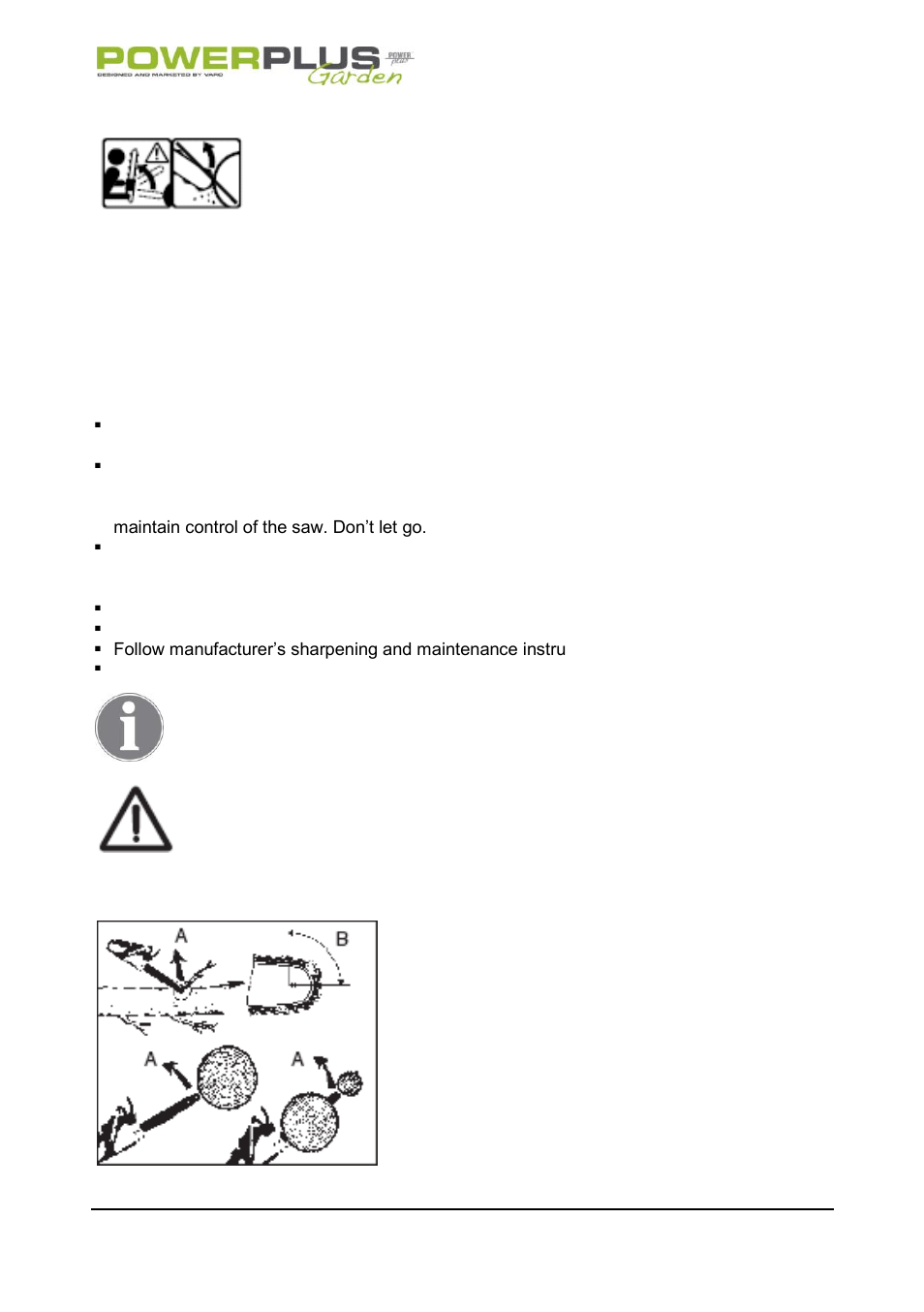 Kickback safety precautions | Powerplus POW64115 CHAINSAW 37.2CC 406MM EN User Manual | Page 6 / 29