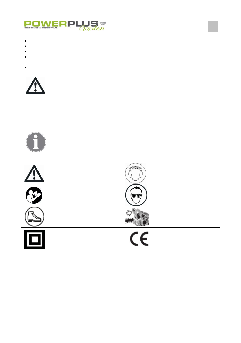 Package content list, Symbols, General power tool safety warnings | Powerplus POW64251 CHAINSAW 2400W 400MM EN User Manual | Page 4 / 16