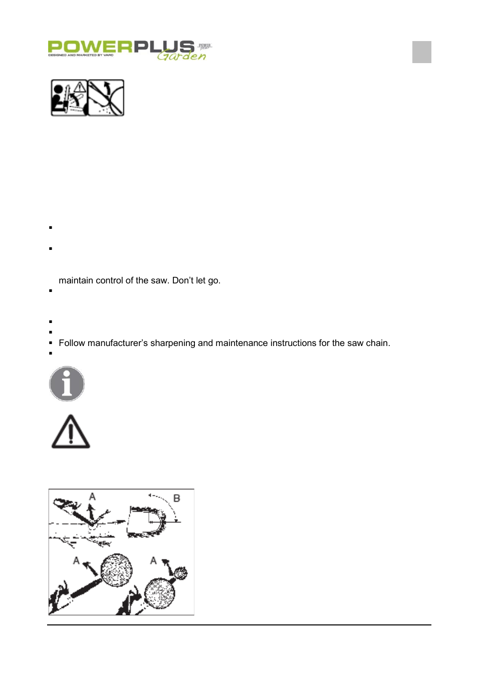 Kickback safety precautions, Beware of | Powerplus POW64251 CHAINSAW 2400W 400MM EN User Manual | Page 7 / 16