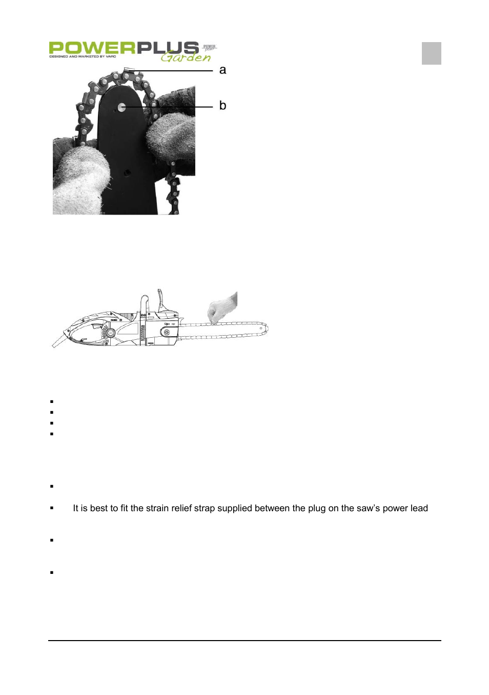 Lubricating oil for the saw chain, Power supply connection, Operation | Powerplus POW64251 CHAINSAW 2400W 400MM EN User Manual | Page 9 / 16