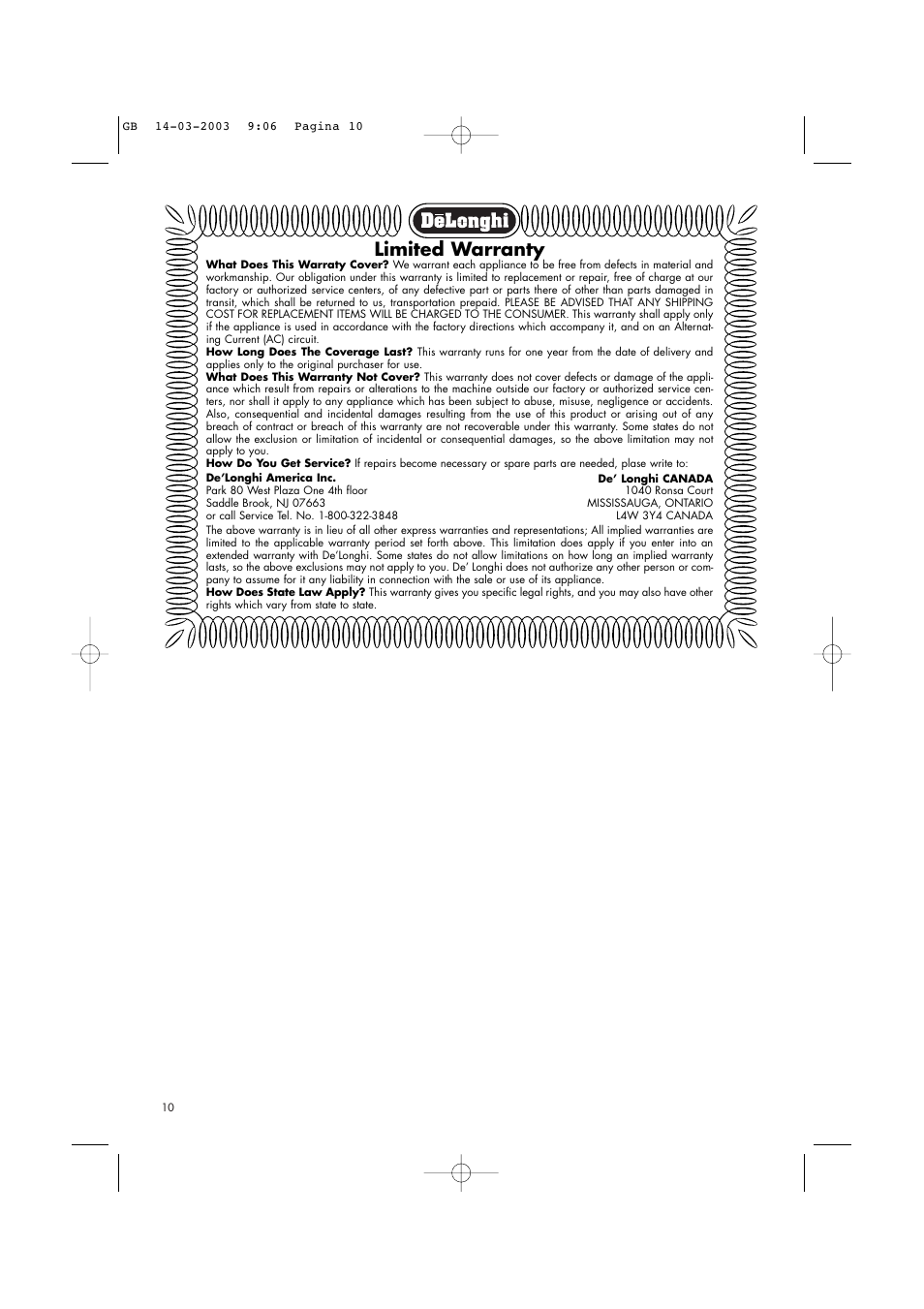 Limited warranty | DeLonghi Toaster-Oven-Broiler User Manual | Page 10 / 10