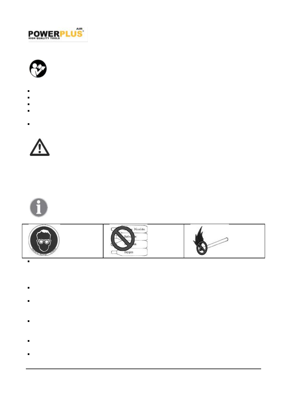 Package content list, Safety instructions | Powerplus POWAIR0020 PNEUMATIC TOOL SET 5PCS EN User Manual | Page 2 / 7