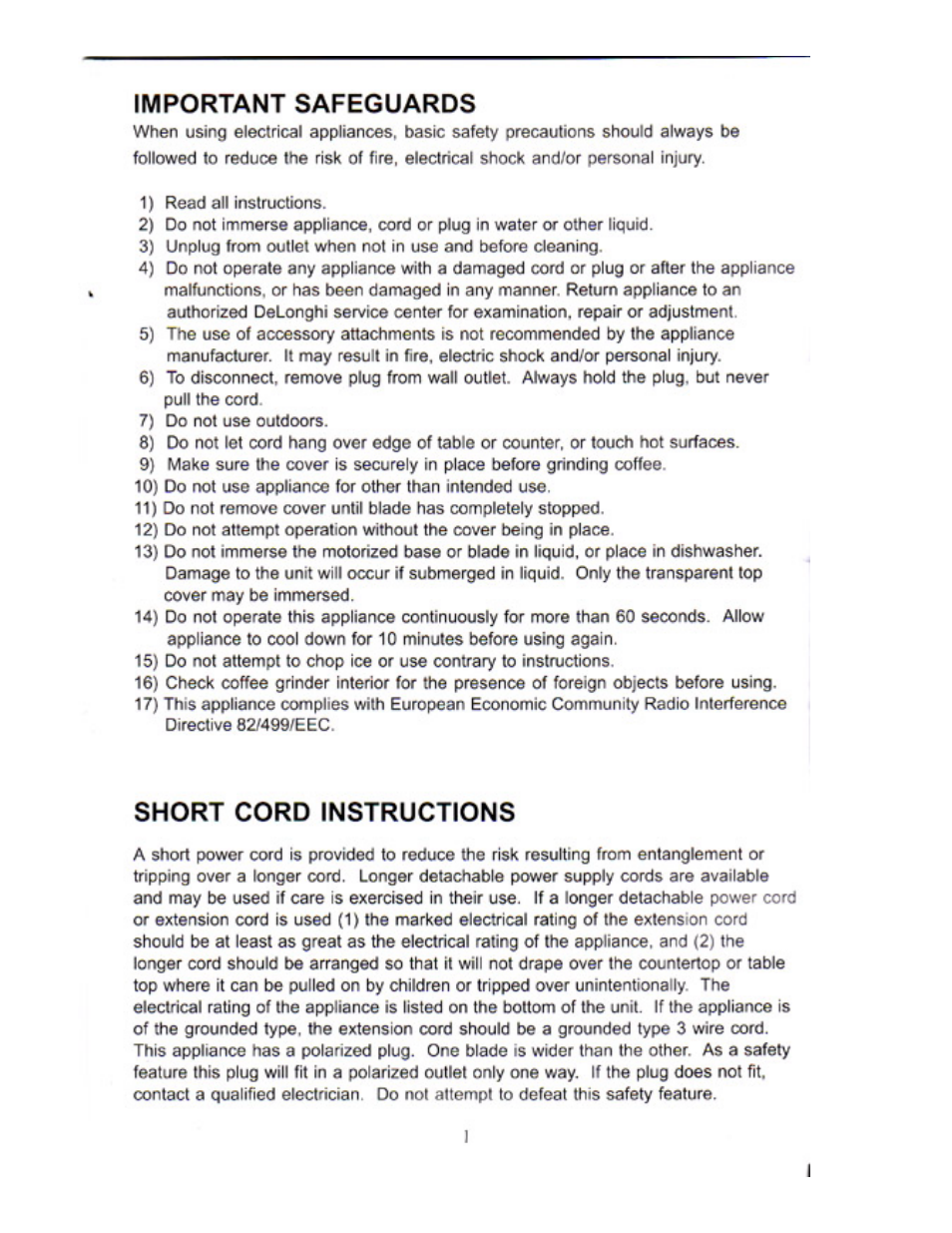 Important safeguards, Short cord instructions | DeLonghi DCG30 Series User Manual | Page 2 / 7