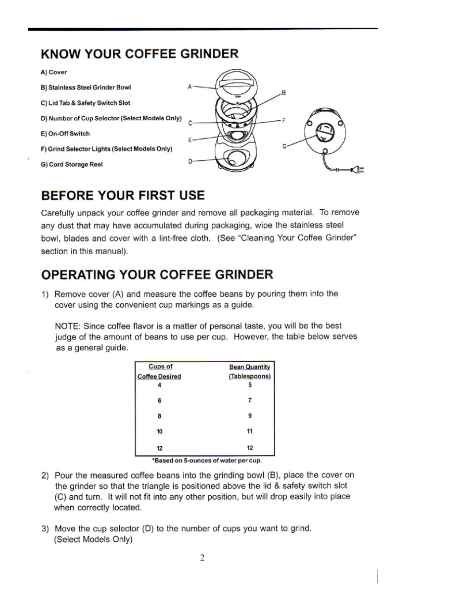 Before your first use, Operating your coffee grinder, Know your coffee grinder | DeLonghi DCG30 Series User Manual | Page 3 / 7