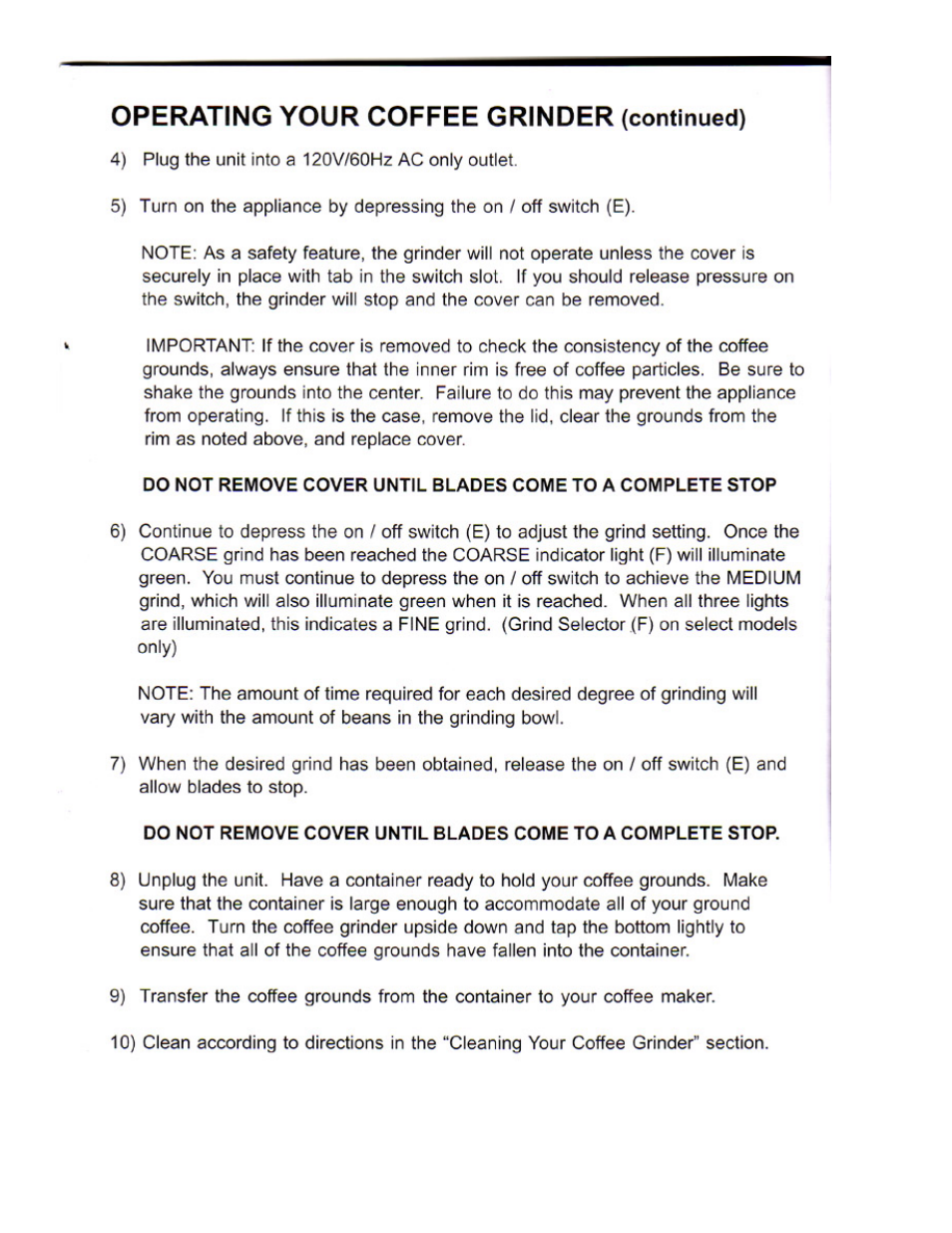 Operating your coffee grinder (continued) | DeLonghi DCG30 Series User Manual | Page 4 / 7