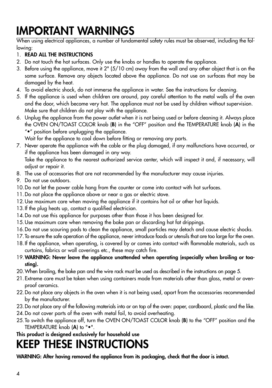 Important warnings, Keep these instructions | DeLonghi EO420 User Manual | Page 4 / 10