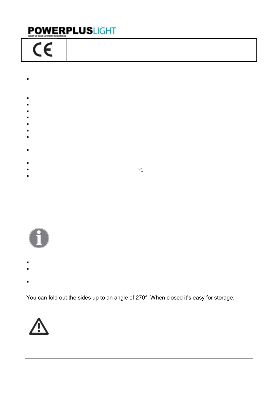 4warnings, 5operation, 6charging the battery | Powerplus POWLI424 LED FOLDABLE EN User Manual | Page 2 / 4