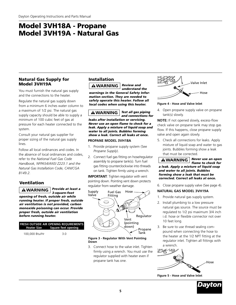 Ventilation, Installation, Natural gas supply for model 3vh19a | Dayton 3VH19A User Manual | Page 5 / 12