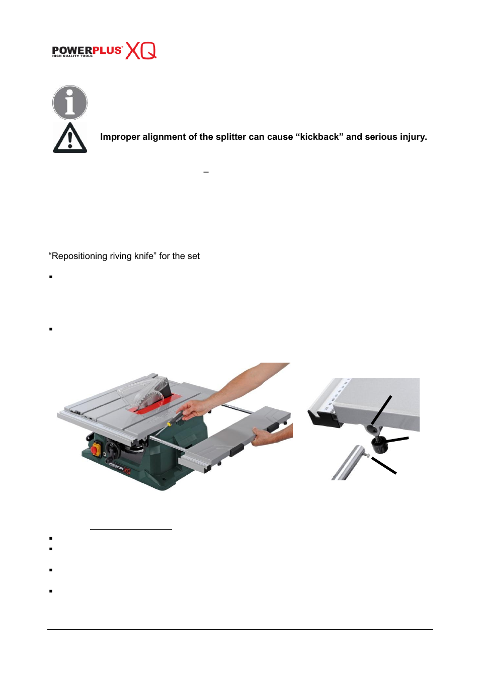 Adjusting riving knife, Side extension table, Ba c | Powerplus POWXQ5360 TABLE SAW 1800W 254MM EN User Manual | Page 10 / 22