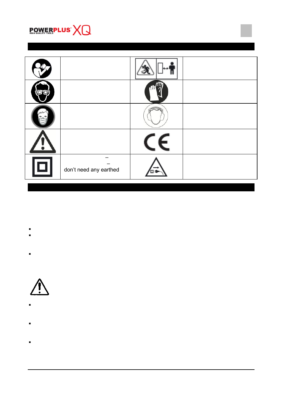 Symbols, General safety instructions, Work area | Electrical safety, Powxq5102, 4 symbols, 5 general safety instructions | Powerplus POWXQ5102 ANGLE GRINDER 950W 115MM EN User Manual | Page 4 / 12