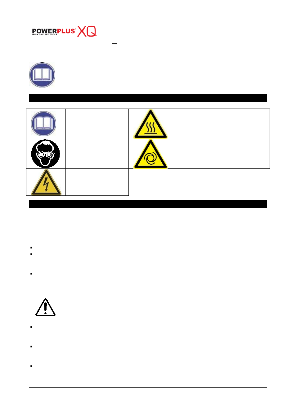 Symbols, General power tool safety warnings, Work area | Electrical safety | Powerplus POWXQ8125 COMPRESOR 2200W 50L LUBRICATED EN User Manual | Page 2 / 10
